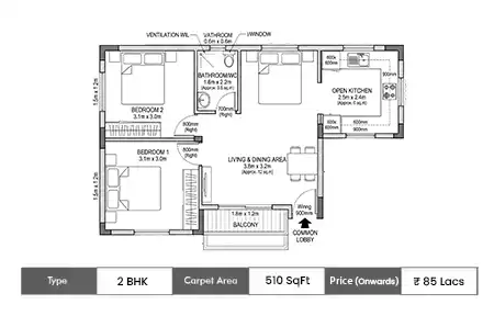 Provident Adora De Goa 2 BHK floor plan, 510 sq ft carpet area