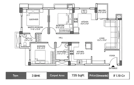 Provident Adora De Goa 3 BHK Comfort floor plan, 735 sq ft carpet area